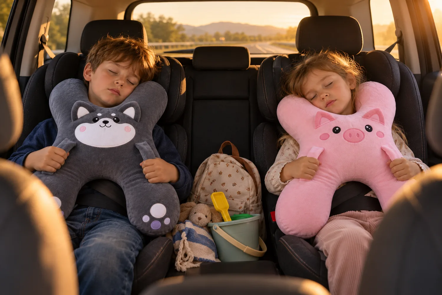 Frère et sœur endormis à l'arrière, l'un avec le coussin Husky gris, l'autre avec le coussin Cochon rose