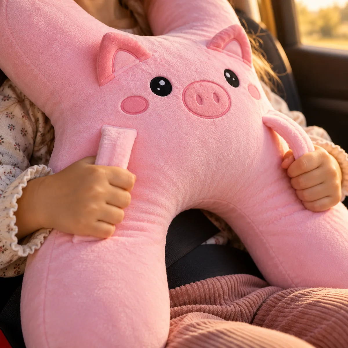 Les mains d'un enfant glissées dans les deux poignées du coussin Cochon rose