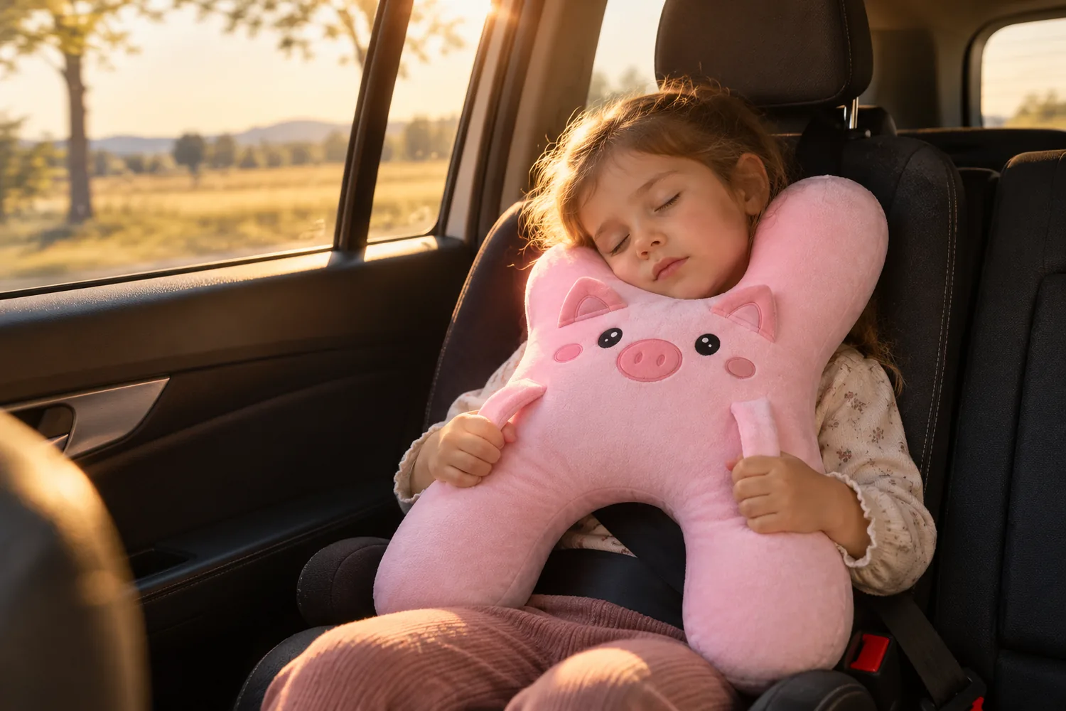 Petite fille endormie à l'arrière de la voiture, la tête calée dans son coussin Cochon rose, au soleil couchant