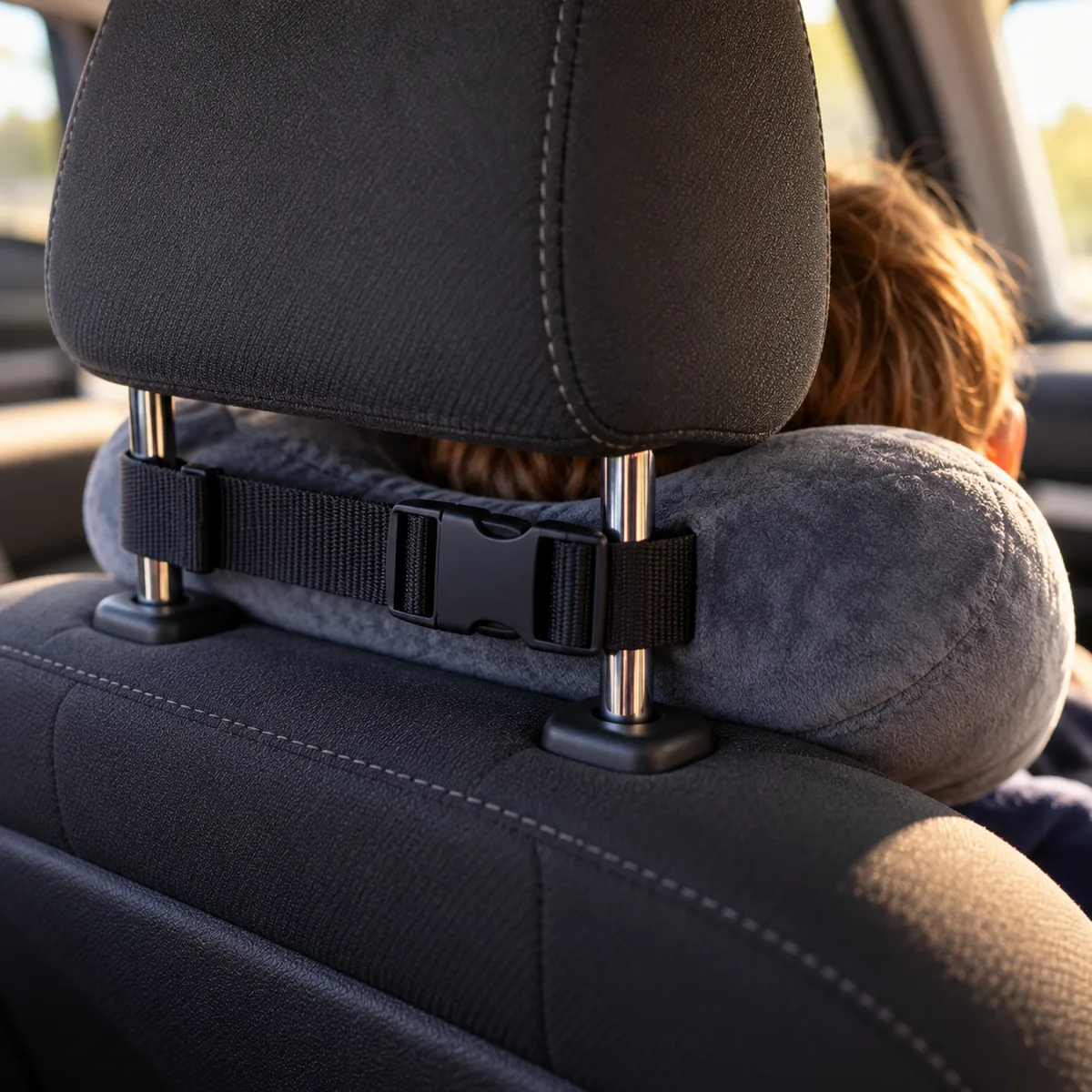 La sangle noire à boucle du coussin, passée autour de l'appui-tête de la voiture
