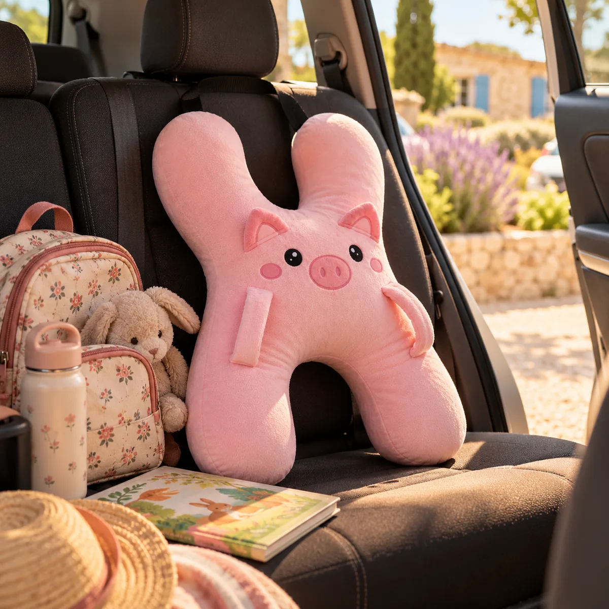 Le coussin Cochon rose posé sur la banquette arrière avec un sac à dos et un livre, prêt pour les vacances